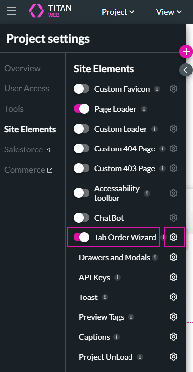 Tab Order Wizard toggle switch on screen
