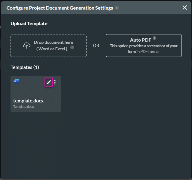 Configure Project Document Generation Settings screen