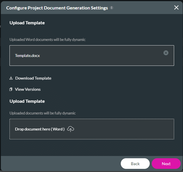 Configure Project Document Generation Settings screen