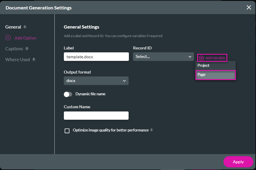 Document Generation Settings screen