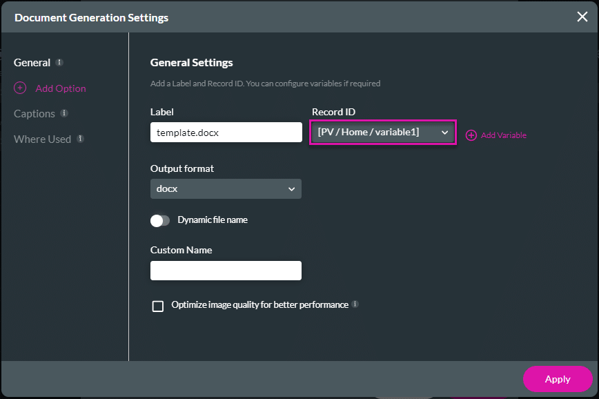 Document Generation Settings screen