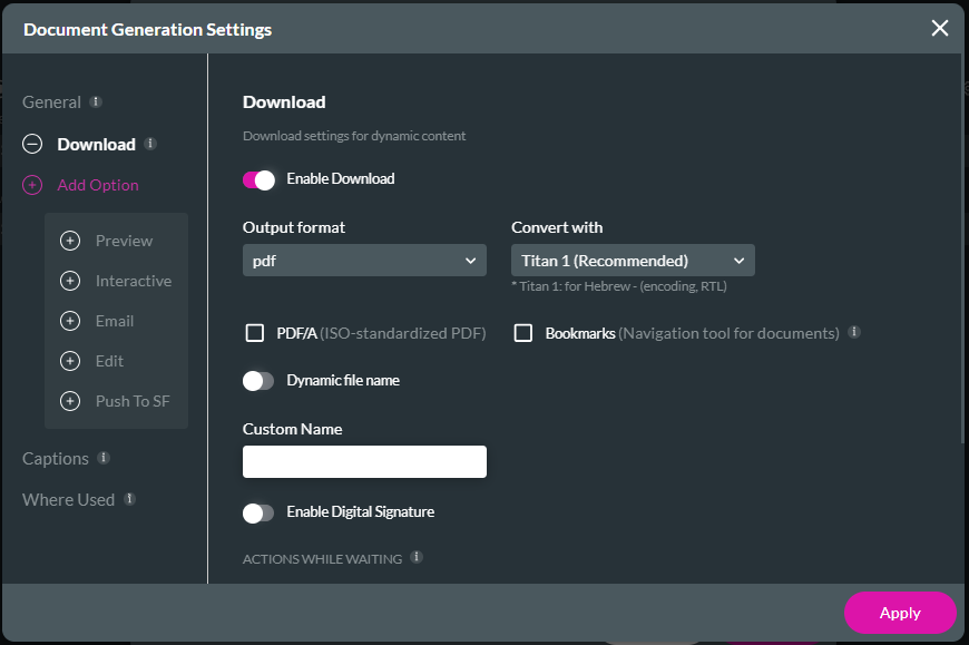 Document Generation Settings screen