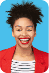 smiling woman with blue background