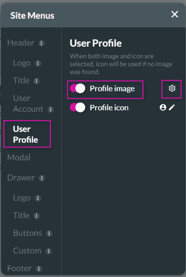 User Profile option on the Site Menus screen