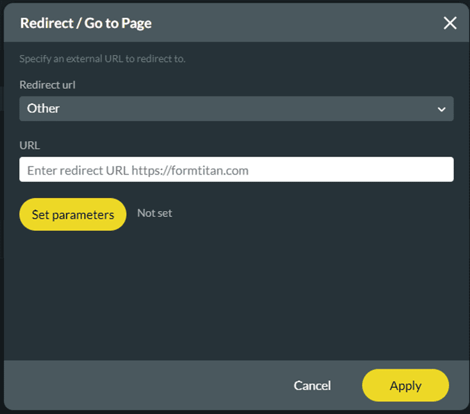 Redirect/Go To Page screen