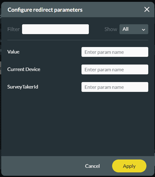 Configure redirect parameters screen