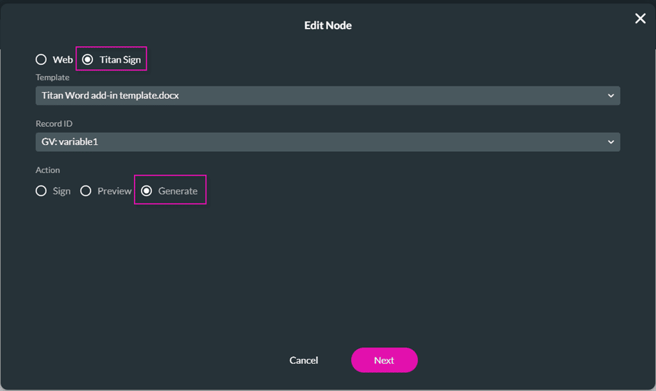 Edit Node screen -Titan Sign radio button