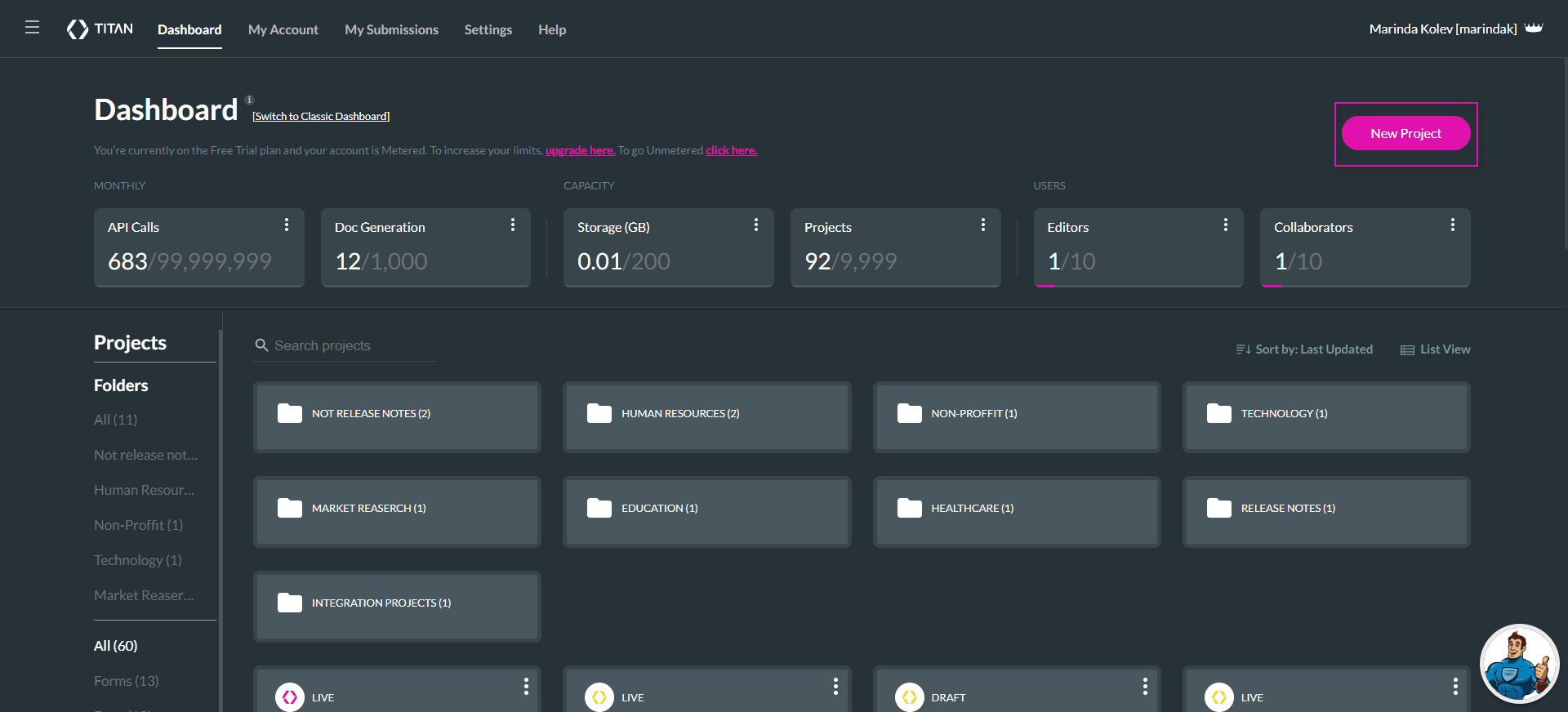New Project button on Titan Dashboard