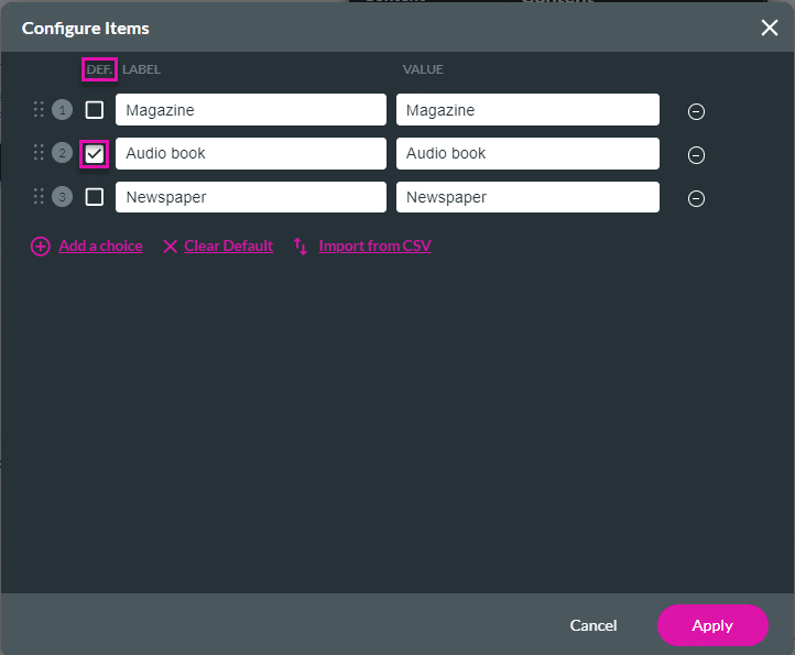 Configure items screen