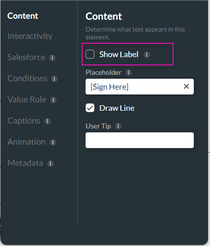 Show Label option screen