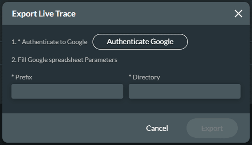 Export Live Trace screen - Authenticate Google