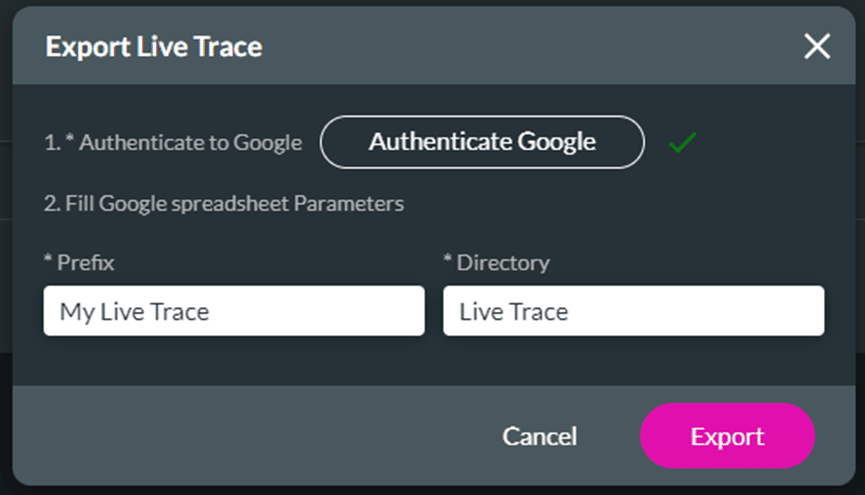 Export Live Trace screen - Prefix and Directory fields