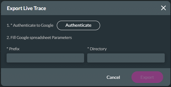 Export Live Trace screen - Authenticate Google