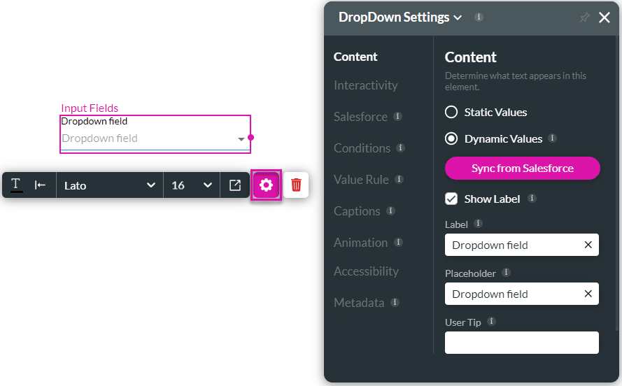 Dynamic Values screen