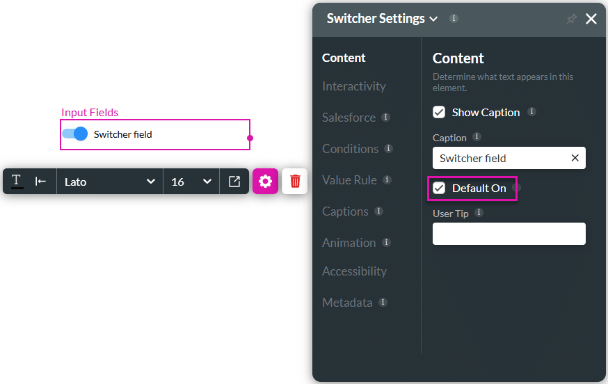 Default On toggle switch enabled