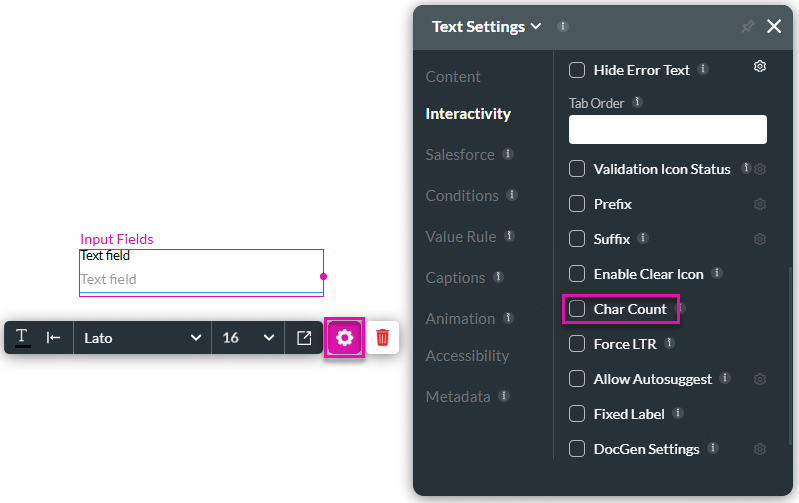 Character Count checkbox disabled