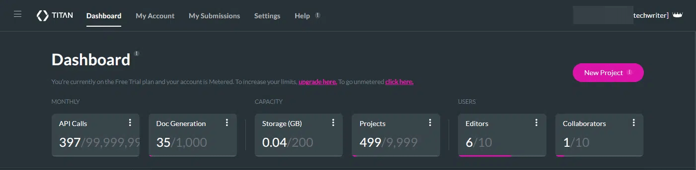 New Project button on Titan Dashboard