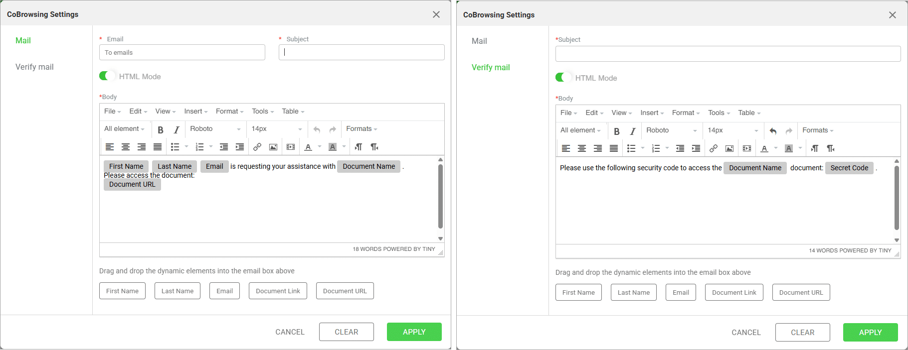 Co-browsing Settings screen