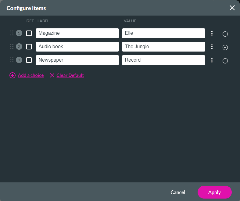 Configure Items screen