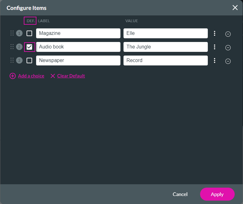 Default option screen