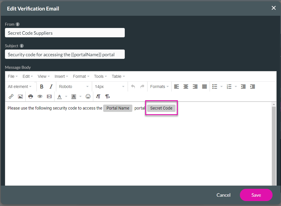 Edit Verification Email screen