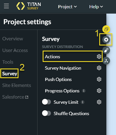 Project Settings - Survey - Actions option