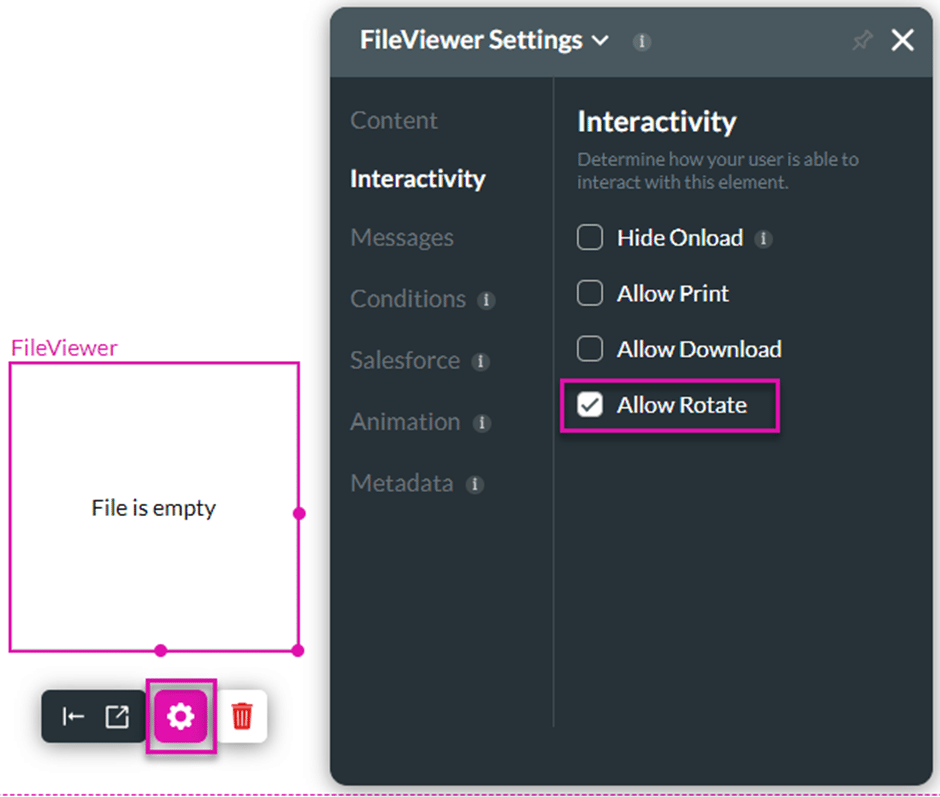 File Viewer element settings screen