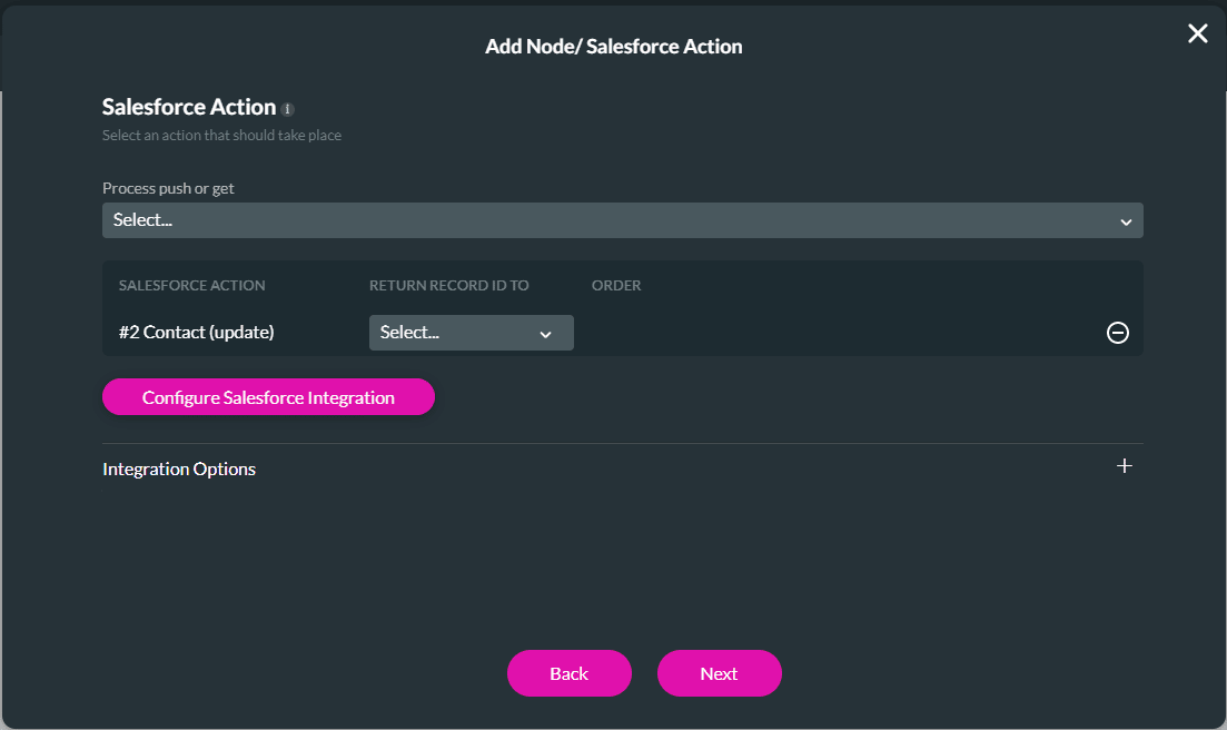 Add Node/Salesforce Action screen