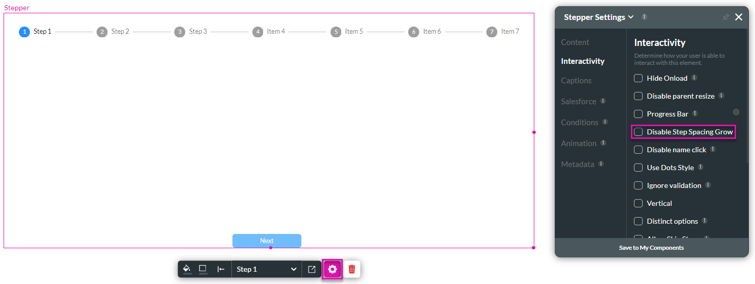 Disable Step Spacing Grow option unchecked