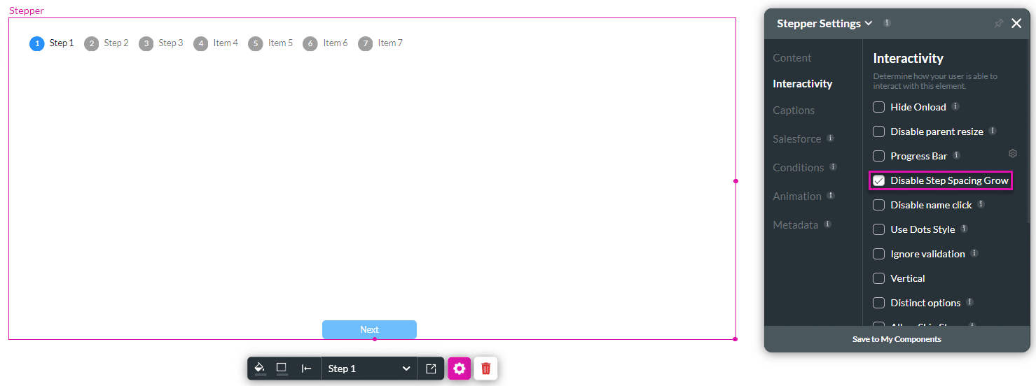 Disable Step Spacing Grow option checked