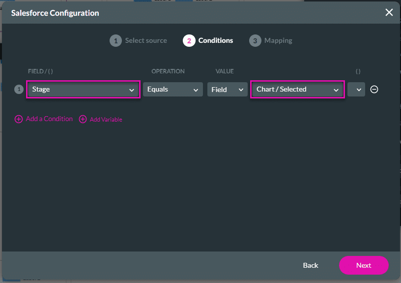 Salesforce Configuration screen - Conditions