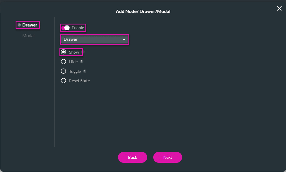 Add Node/Drawer/Modal screen