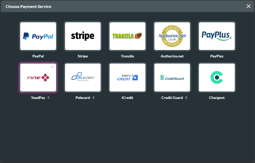 Choose Payment Service screen