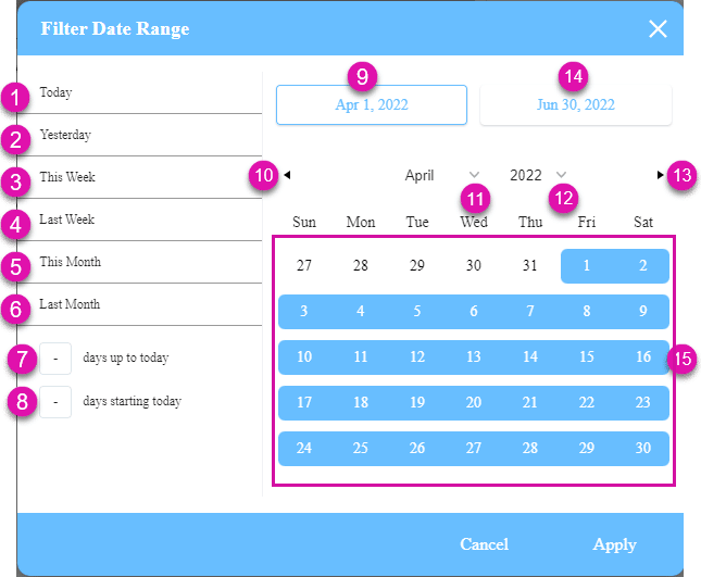Filter Date Range screen