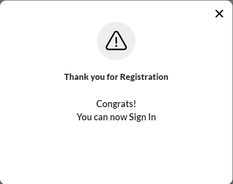 Thank you for Registration pop-up message screen