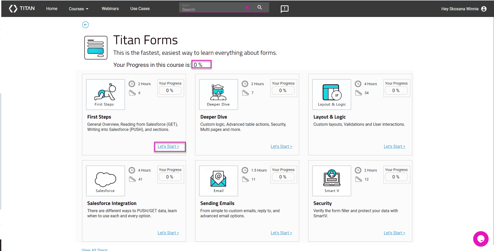 Selected course screen