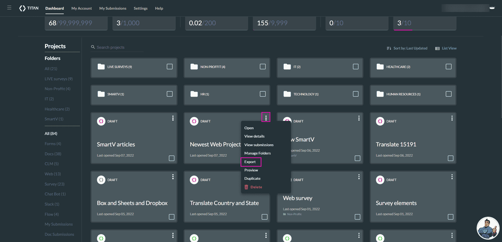 Dashboard - Project - Export