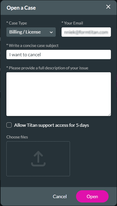 Open a Case option screen