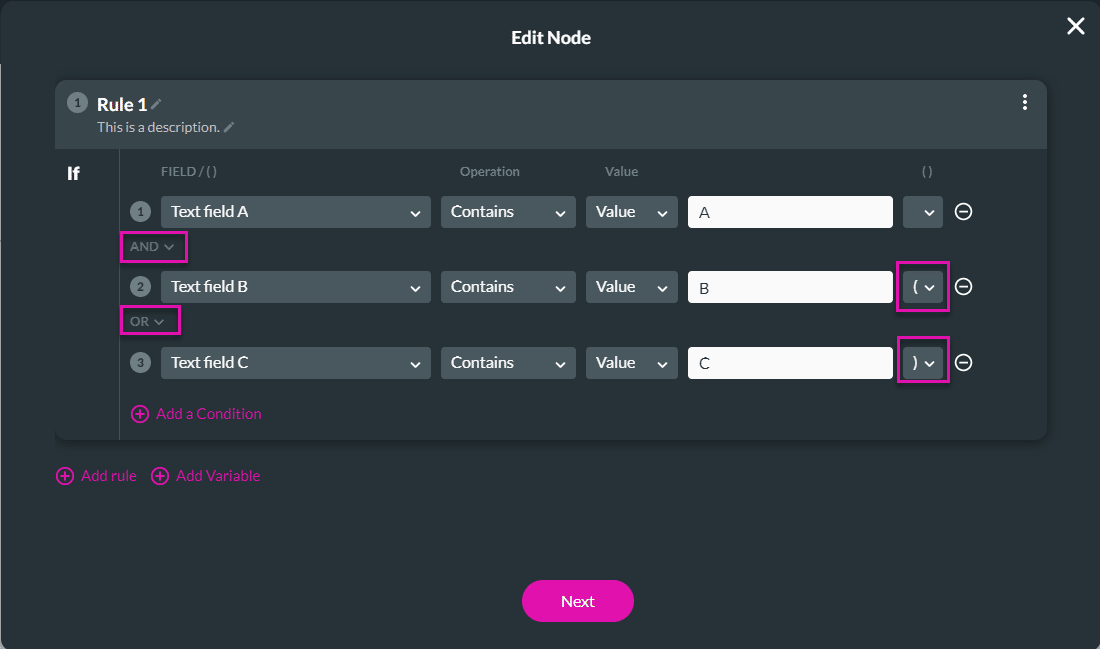 Edit Node screen to configure conditions.