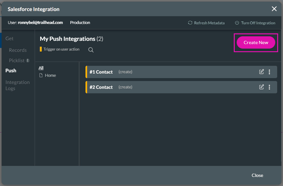 Salesforce Push Integration screen