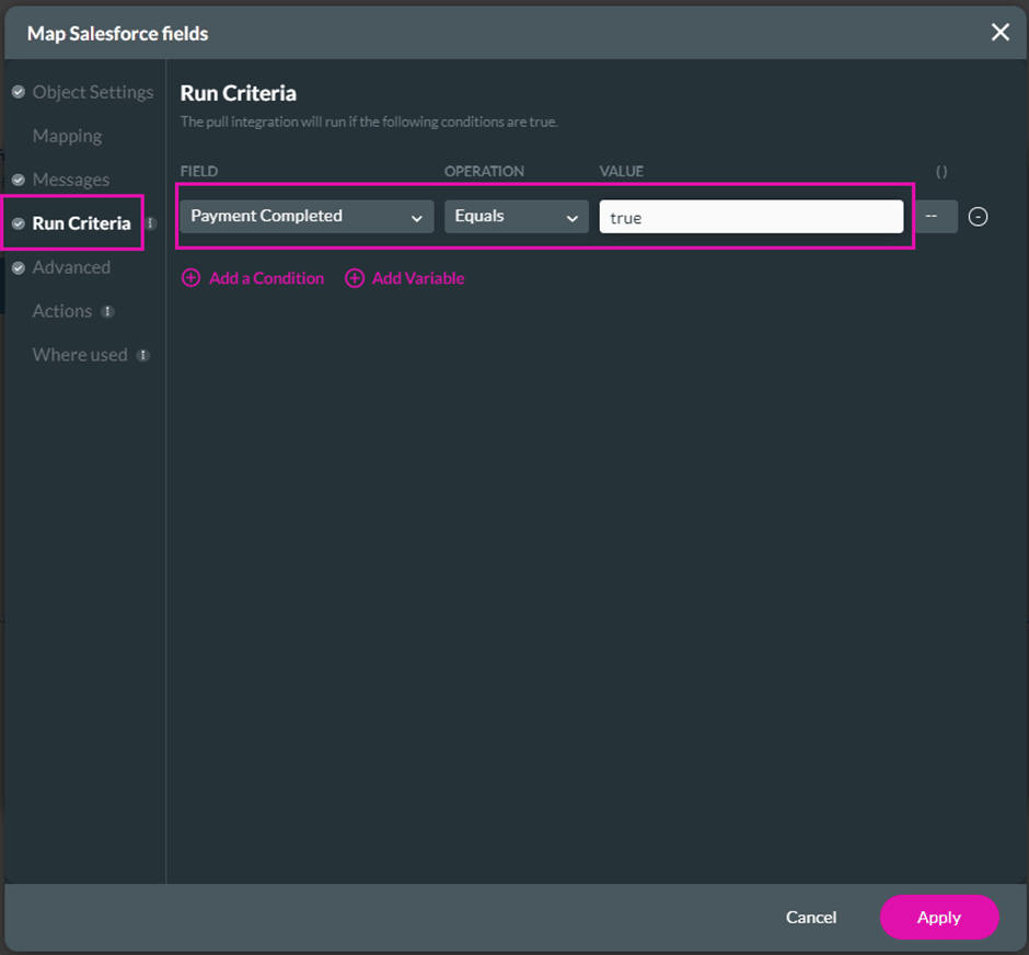 Run Criteria for Salesforce pull integrations