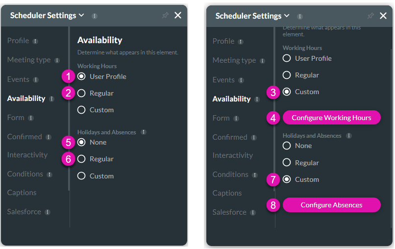 Availability settings screen