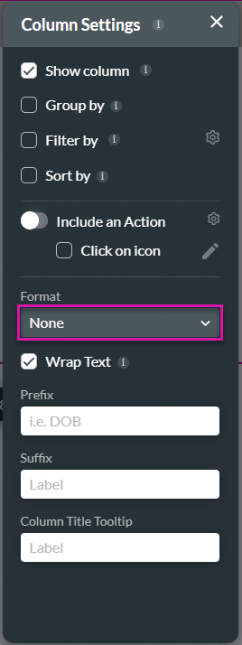 Column Settings screen
