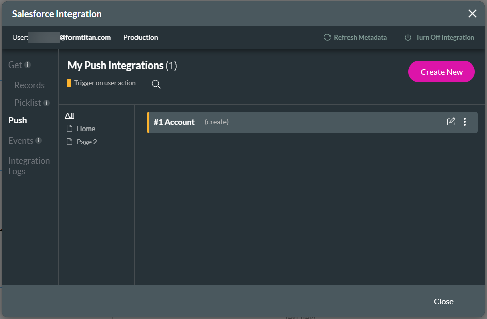 Salesforce Integrations screen