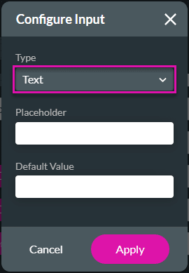 Configure Input screen - Text, Text Area, or Currency