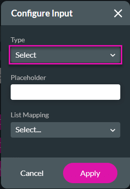 Configure Input screen - Select