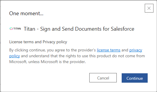 Provider's license terms and privacy policy screen