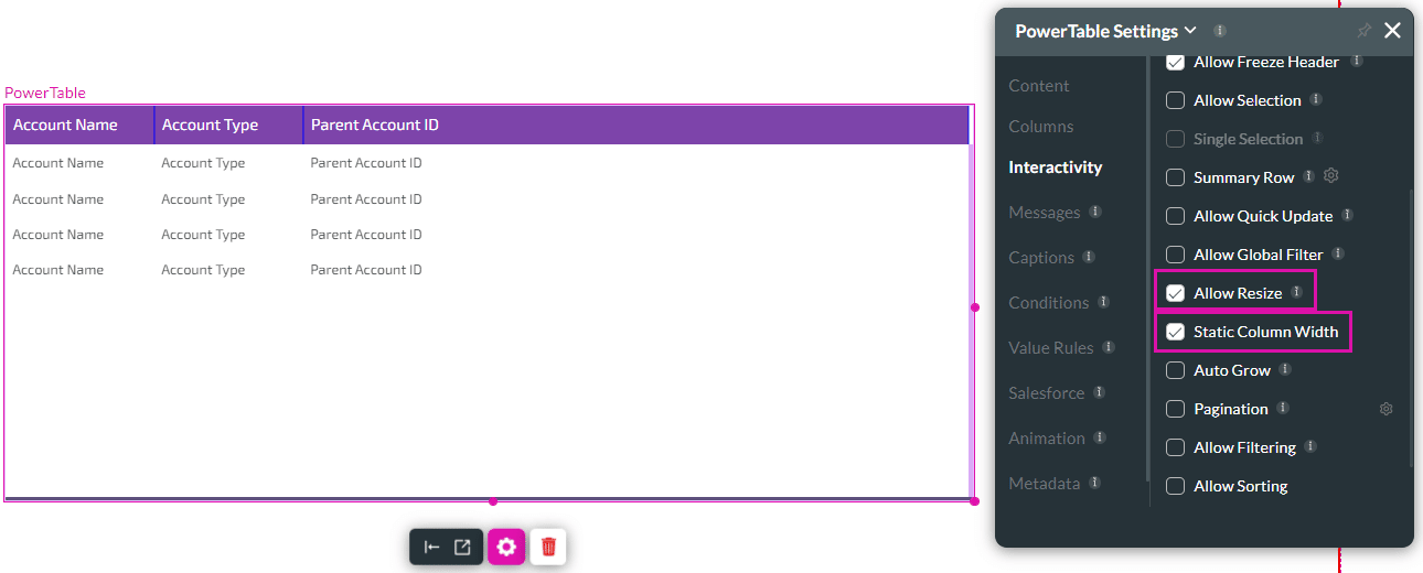 PowerTable Settings screen