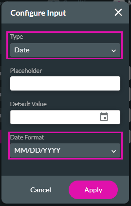 Configure Input screen - Date