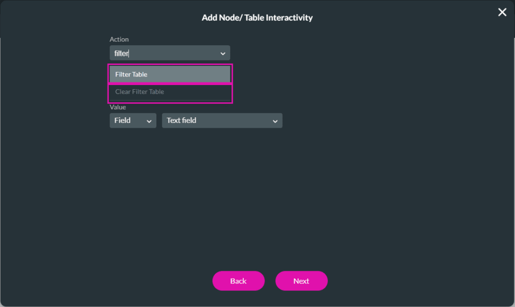 Add Node/Table Interactivity screen